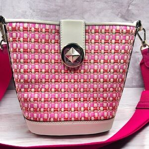 Kate Spade Purse Audrey Mini Bucket Bag in Pepe Pink Raffia Crossbody